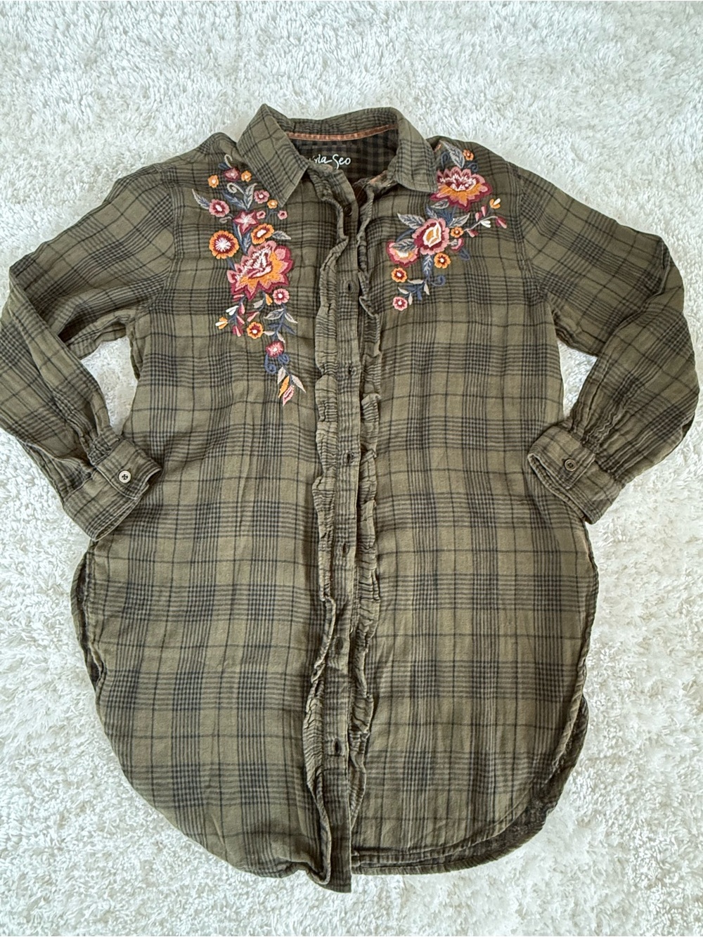 Kyla Seo Olive Plaid Embroidered Button-Down Shirt
